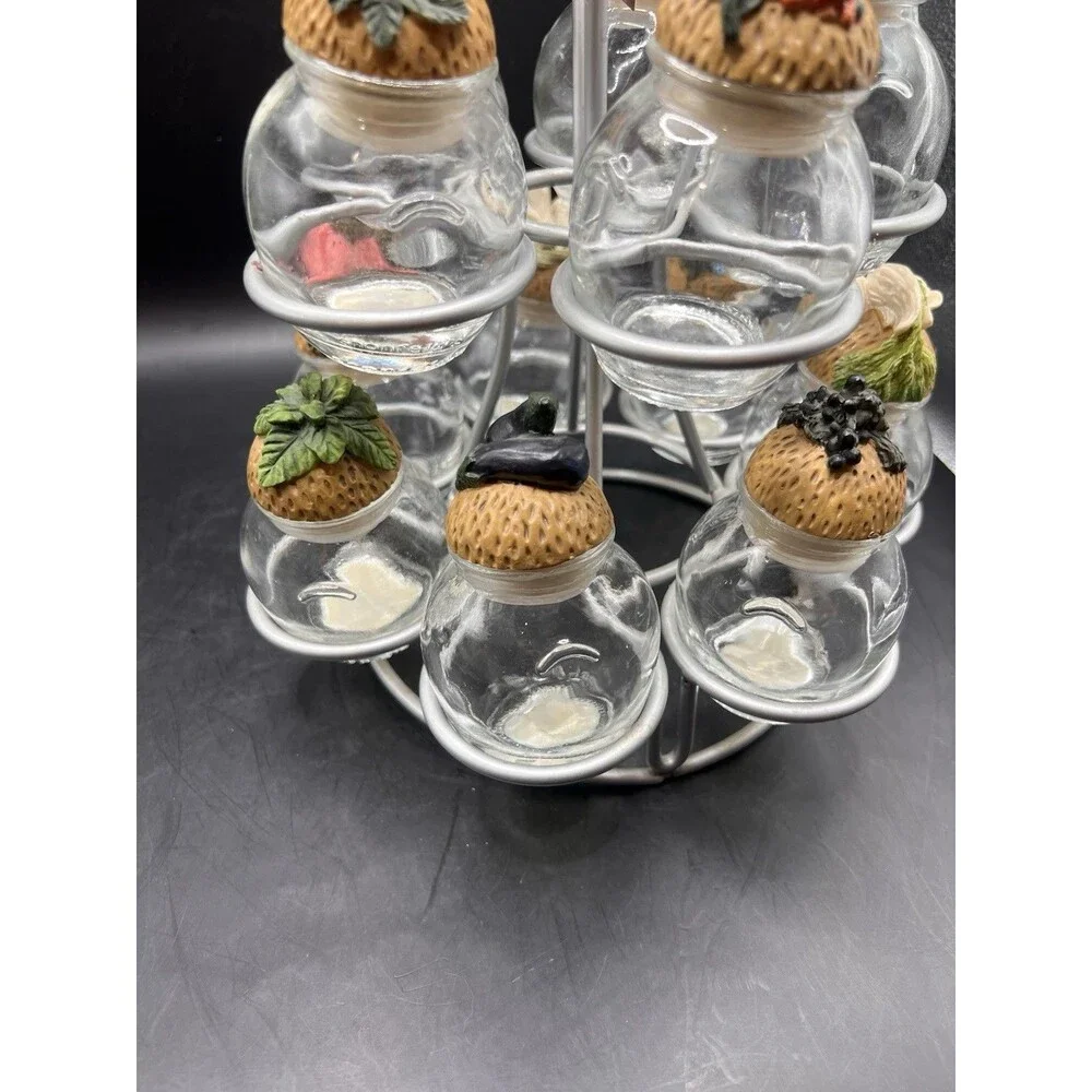 12 Collectible Vintage Shonfeld's Glass Spice Jars with Resin Cork Lids & Stand